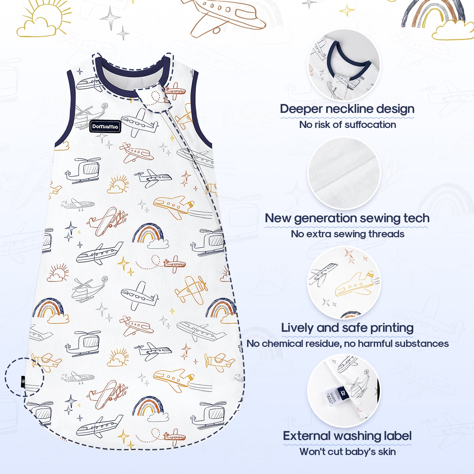 Tensoft Fabric Baby Sleep Sack 1.0 TOG - Airplanes & Rainbow